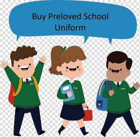 Three children talking, in the speech bubble it says 'Buy Preloved School Uniform'